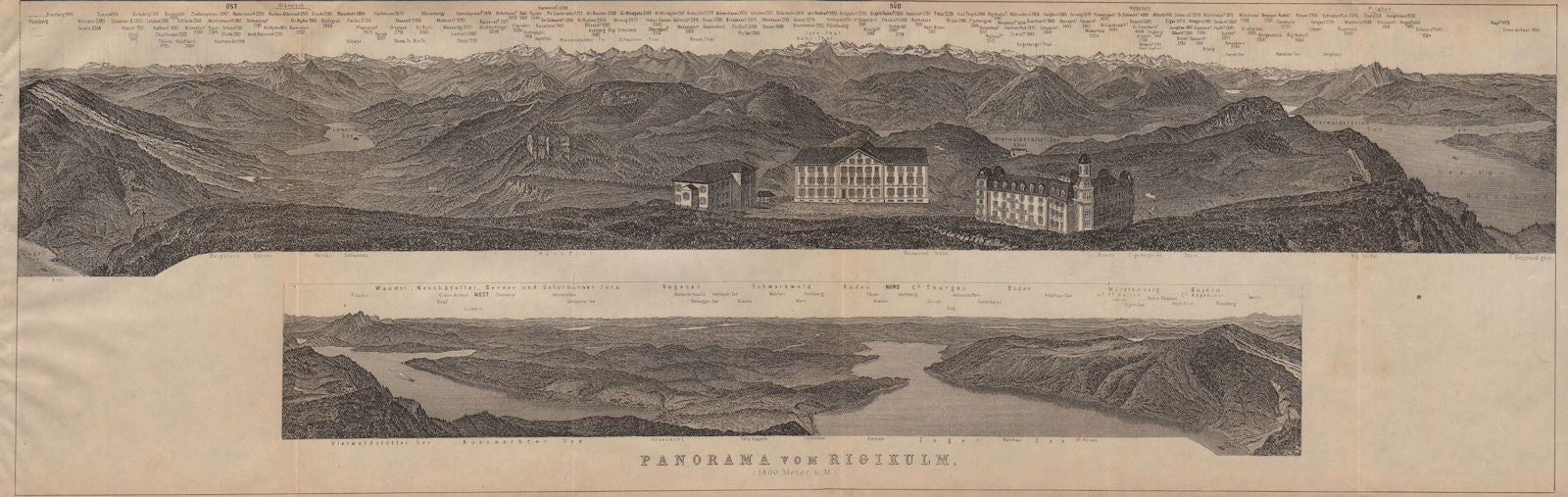 PANORAMA from/von RIGIKULM 1800m. Küssnacht. Switzerland Schweiz 1911 old map